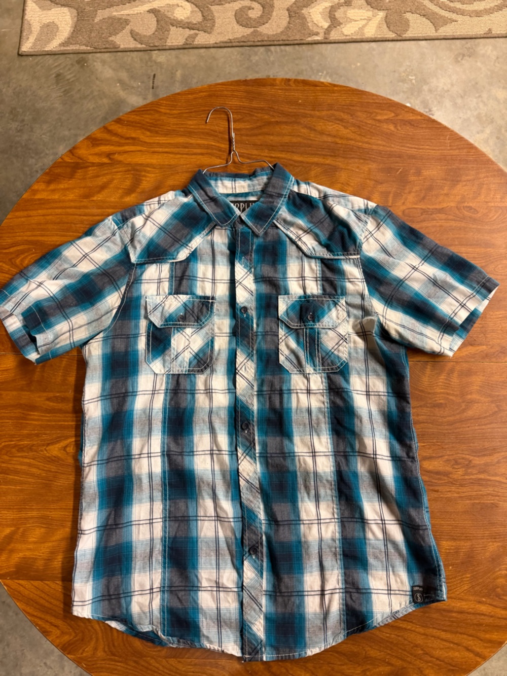 Men's Teal and White Plaid Short-Sleeve Button-Down Shirt - Casual